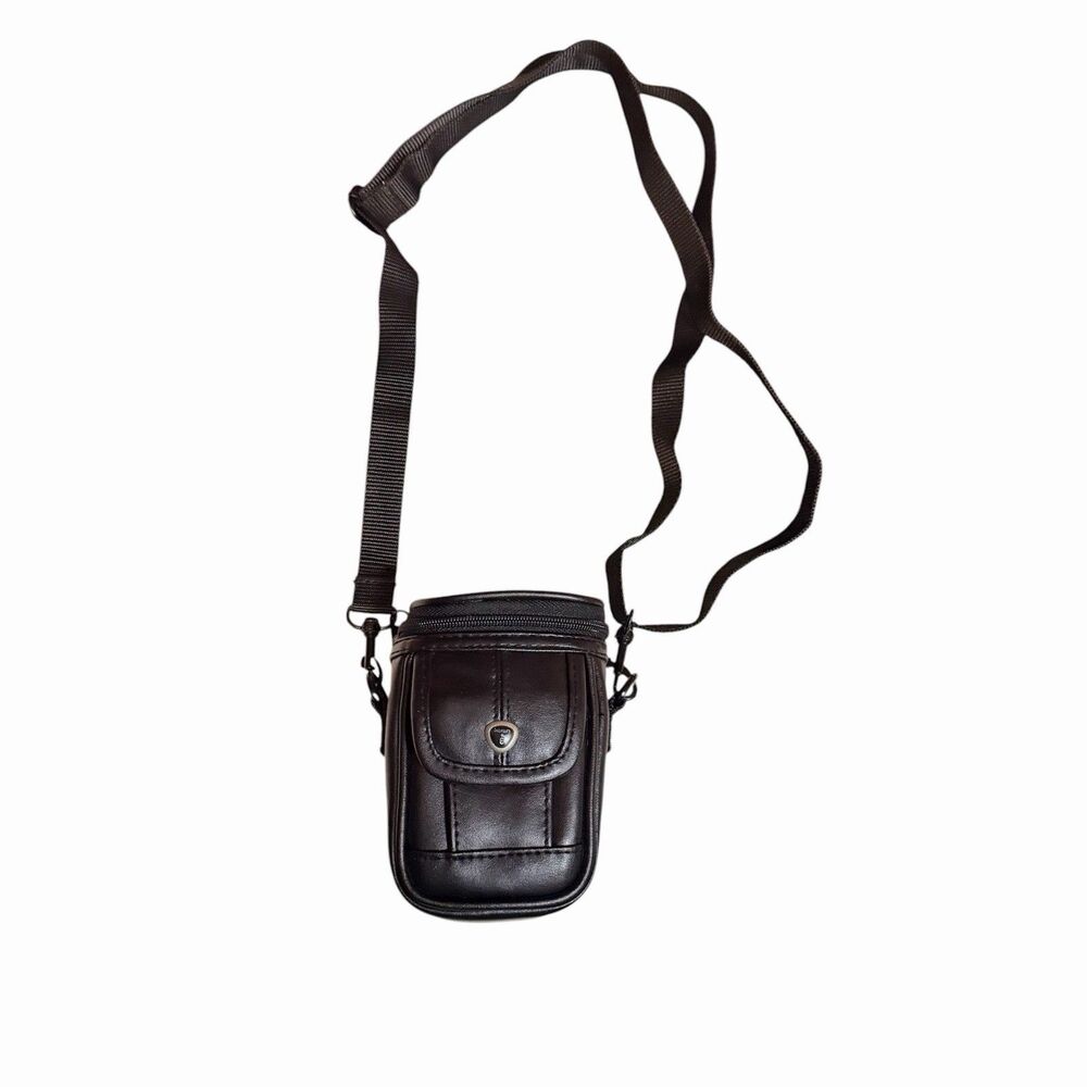 Black Synthetic Leather Compact Camera Case Pouch with Strap & Compartments